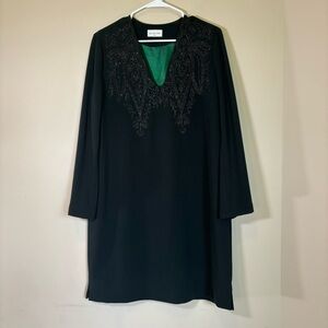 Megan Park Shift Dress Women Size 3 Black Beaded Paisley V-Neck Bell Sleeve